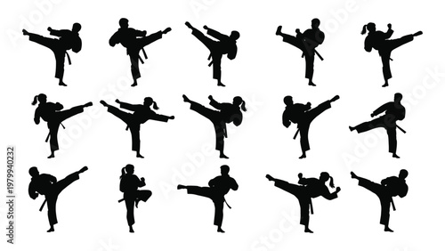 A collection of black silhouettes showcasing diverse martial arts poses including kicks and stances arranged in a grid pattern high quality