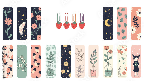 Assorted collection of decorative bookmarks with floral patterns and strawberry shaped paper clips for book lovers.