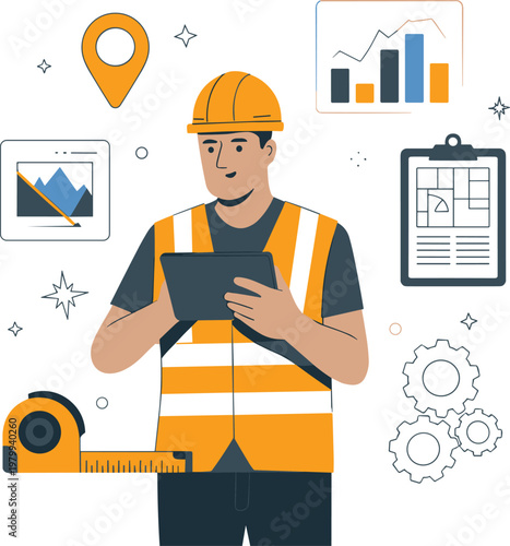 Professional male construction engineer wearing safety vest and hardhat using digital tablet for site inspection and project management vector