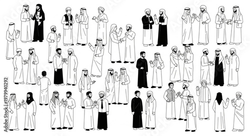 Group of people in traditional attire, black and white image.