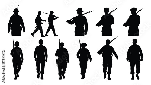 A collection of silhouetted figures depicting soldiers in various poses carrying rifles and wearing military attire high quality professional detailed modern
