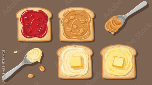 Selection of toast slices with various spreads like jam peanut butter and butter with spoons on a brown background.