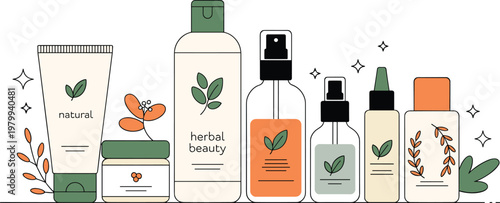 Collection of natural herbal beauty skincare products featuring cream tubes glass bottles and serum droppers in flat vector style