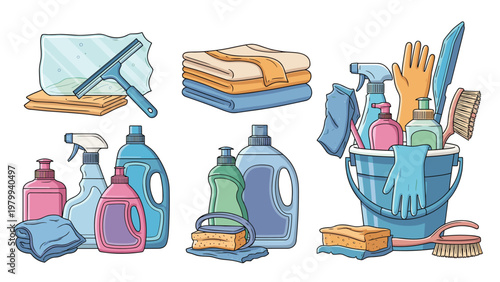Set of cleaning tools and supplies including detergent bottles sponges brushes and a bucket for household chores.