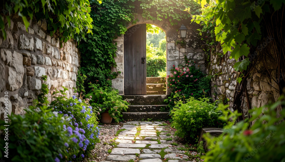 Fototapeta premium A charming stone pathway leads through a lush garden to a rustic wooden gate, surrounded by vibrant greenery and flowers, evoking peace, mystery, and timeless countryside beauty.