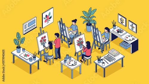 High angle view of an art studio with students sitting at easels and painting flowers on canvases with an instructor.