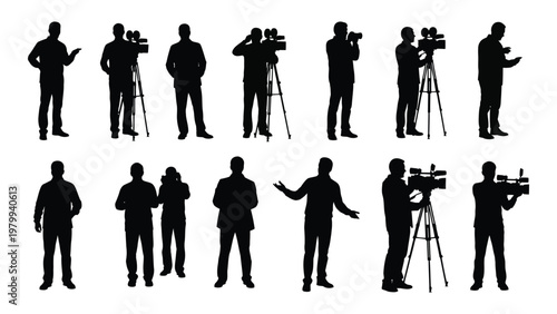 A collection of silhouettes depicting various camera operators and film crew members actively engaged in videography high quality professional detailed modern