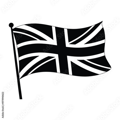Black and white illustration of the United Kingdom flag waving isolated on white background
