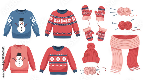 Winter season apparel and accessories collection featuring patterned sweaters knitted hats warm mittens and colorful balls of yarn.