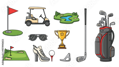 Comprehensive collection of golf equipment including clubs bag cart trophy shoes and a golf course landscape.