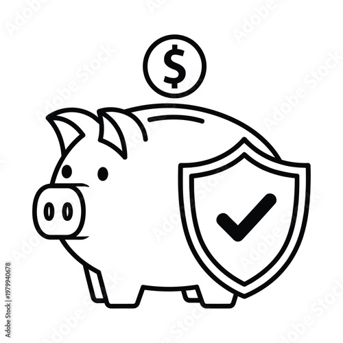 Black and white line drawing of a piggy bank with a shield and dollar coin