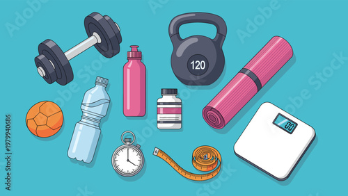 Flat lay of essential fitness and gym equipment including dumbbells a yoga mat water bottles a digital scale and a stopwatch.