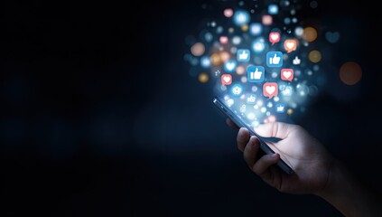 Smartphone Emitting Glowing Social Media Icons into Darkness.