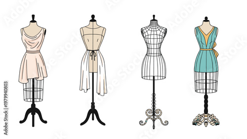 Four dress forms or mannequins displaying various elegant dress designs and sewing patterns for fashion industry.