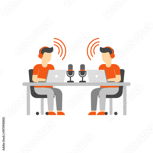 Two individuals engaged in a podcast recording session with microphones and headphones.