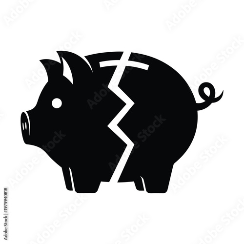 Black broken piggy bank icon on white background