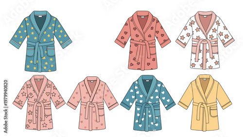 Variety of colorful patterned bathrobes with stars and hearts designs for men women and children in a clothing set.