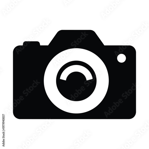 Black camera icon on a white background for photography or technology concepts