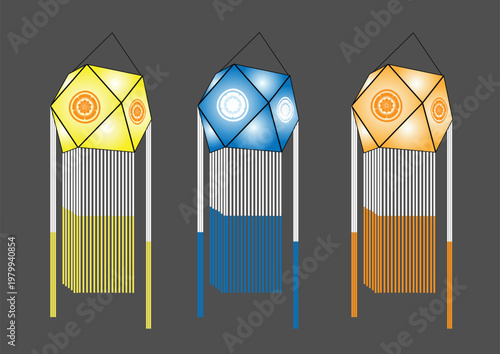 3D Isometric Sri Lankan Vesak Lanterns Atapattam Colorful Festival Lights with Floral Emblems Vector