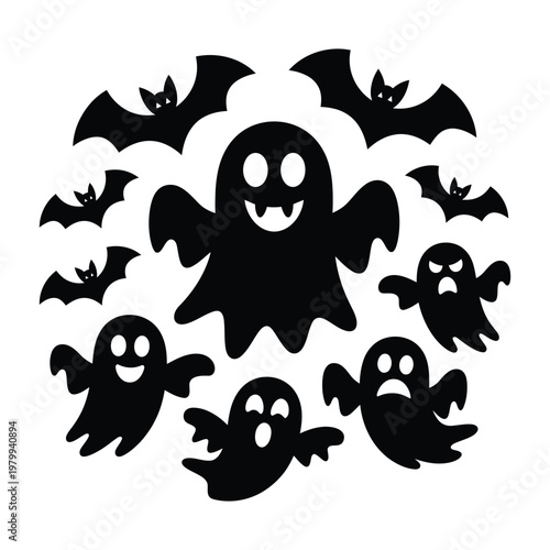 Black ghost and bat silhouettes on white background for halloween