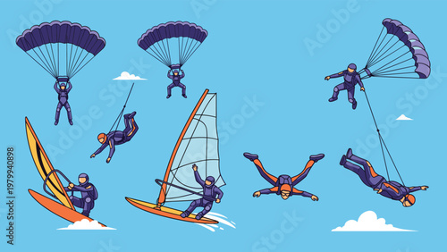 Action packed illustration of athletes participating in extreme sports such as skydiving paragliding and windsurfing in the sky.
