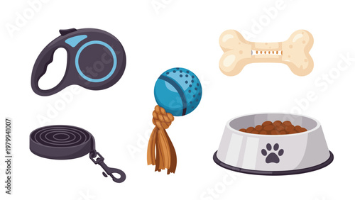 Pet care and dog accessory items featuring a retractable leash a tennis ball toy a large bone and a bowl filled with dry food.