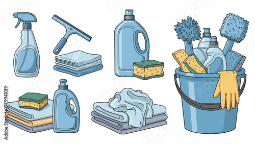 Set of household cleaning supplies including spray bottles sponges a blue bucket rubber gloves and stacked microfiber towels.