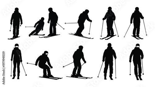 A collection of black silhouette figures depicts various skiing poses and skiers in winter sportswear high quality professional detailed modern elegant