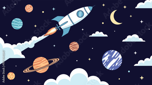Cartoon rocket flying through deep space with various colorful planets stars and the moon in a cosmic adventure scene.