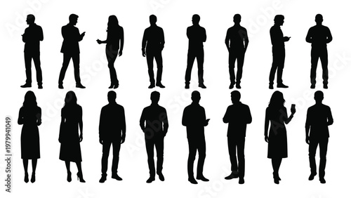 A collection of black silhouettes depicting a diverse group of people standing in varied poses and attire high quality professional detailed