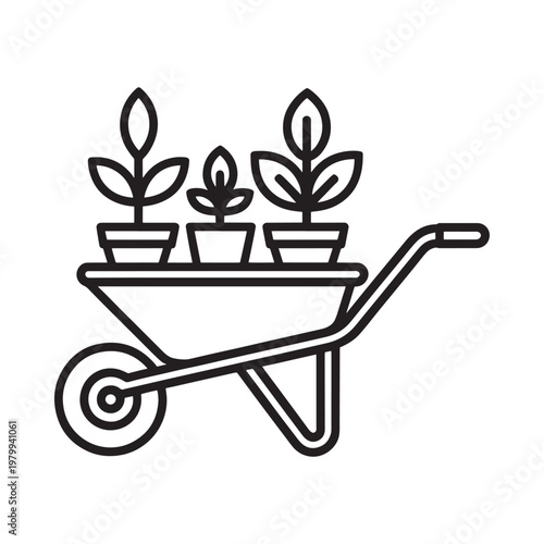 A simple line drawing of plants in a wheelbarrow