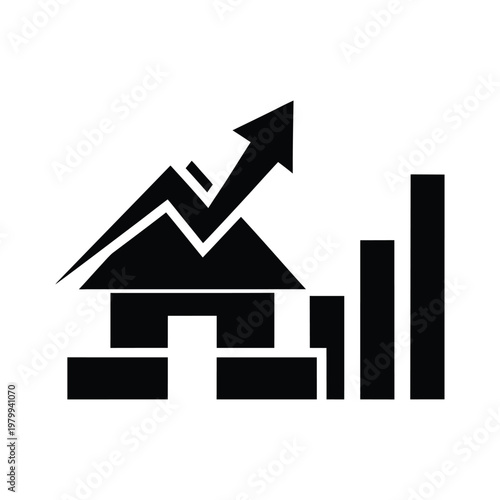 Black icon of a house with a rising graph and bars on white background