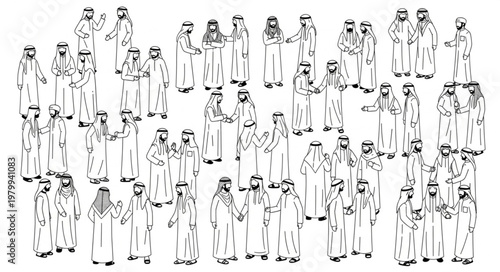 Group of people in traditional attire, standing together, monochrome illustration.