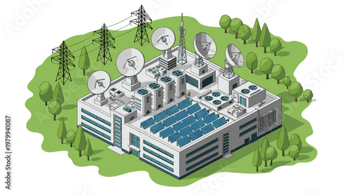 Isometric view of a high-tech telecommunications facility with satellite dishes antennas and solar panels on the roof.