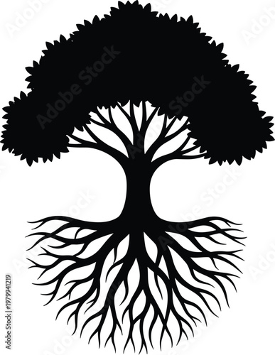 Black tree silhouette with detailed roots system isolated on white background, nature growth concept, ecology symbol, organic life illustration