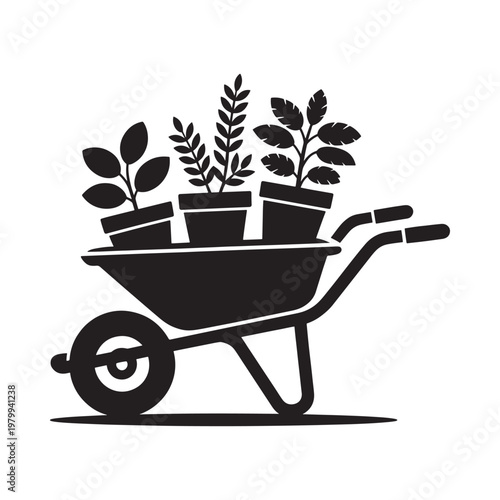 A black and white illustration of plants in a wheelbarrow