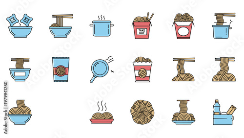 Collection of various noodle and pasta dish icons including ramen bowls takeout boxes and cooking pots in a set.