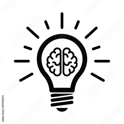 Black light bulb with brain inside on white background