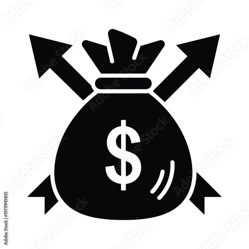 Black money bag icon with arrows on white background