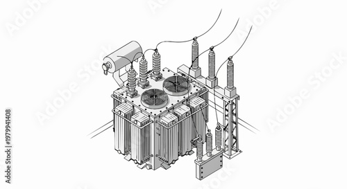 Isometric Line Art Illustration of a High-Voltage Electrical Power Substation Transformer with Cooling Fans and Insulators