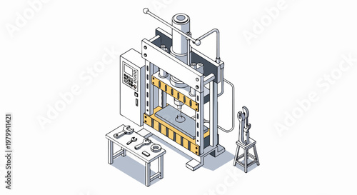 Isometric Industrial Hydraulic Press Machine Illustration with Control Panel and Tools on Workbench for Metalworking and Manufacturing
