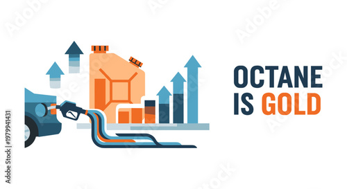 Fuel pump nozzle filling up orange gas tank with blue and orange arrows and bars graph on white background in modern colorful style for business finance