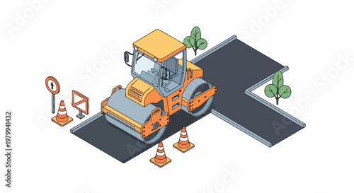 Isometric Road Roller Illustration on Asphalt Path with Traffic Cones and Signs - Vector Construction Equipment for Infrastructure Development and Urban Planning