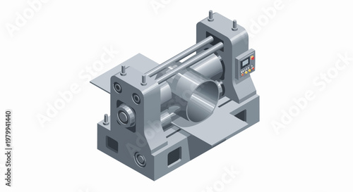 Industrial 3-Roll Plate Bending Machine Isometric Illustration for Metalworking and Manufacturing - Heavy Machinery for Steel Fabrication and Pipe Production