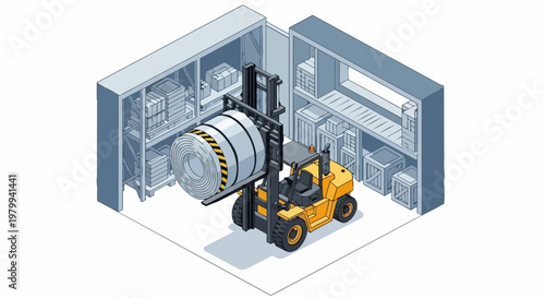 Isometric Industrial Warehouse Scene with Yellow Forklift Carrying Heavy Steel Coil for Logistics and Manufacturing