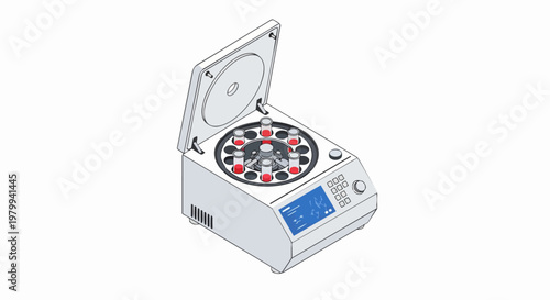 Isometric Laboratory Centrifuge with Blood Samples in Test Tubes, Medical Lab Equipment Vector Illustration