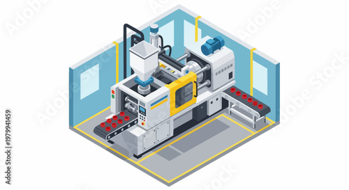 Isometric Industrial Injection Molding Machine and Automated Production Line Vector Illustration for Plastic Manufacturing