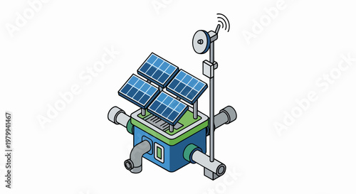 Isometric Solar-Powered IoT Remote Monitoring Device for Smart Water Management and Industrial Utility Infrastructure Illustration