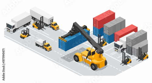 Isometric Logistics and Supply Chain Hub Illustration with Reach Stacker, Shipping Containers, and Cargo Trucks for Global Trade Concepts