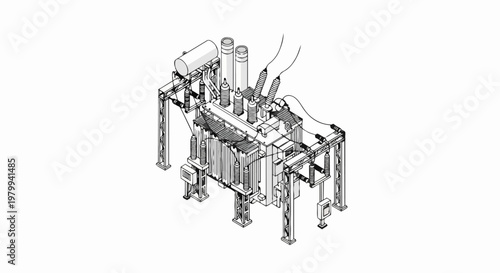 Isometric Line Art Illustration of a High Voltage Industrial Power Transformer and Electrical Substation Component